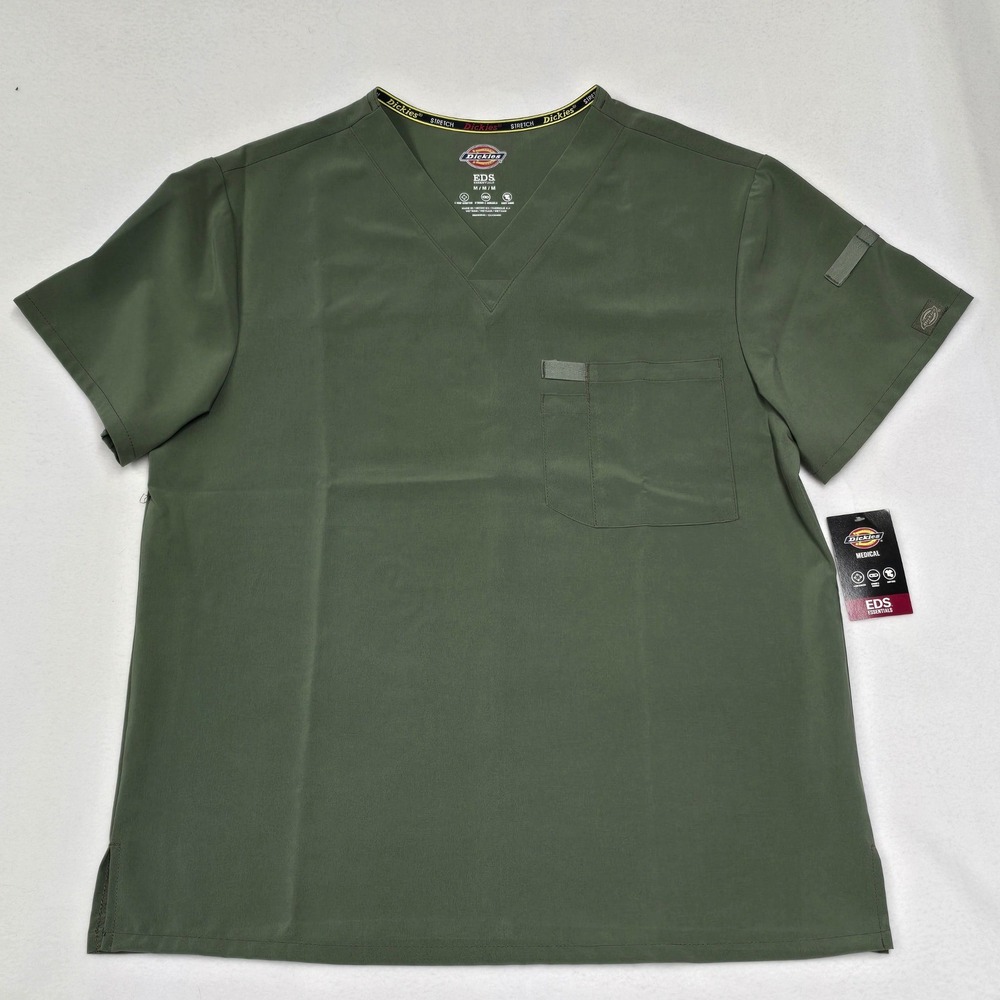 Dickies EDS Essentials Medical Scrub Top V-Neck Olive Green Stretch Womens M